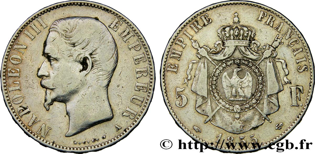 5 francs Napoléon III, tête nue 1855 Paris F.330/3 VF25 