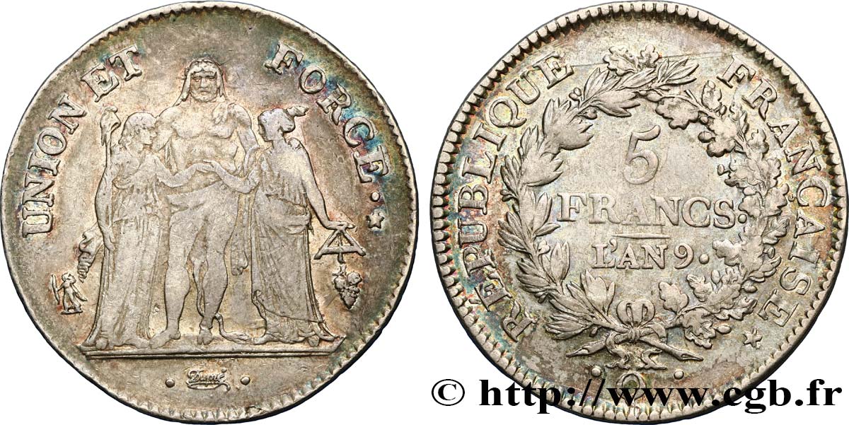 5 francs Union et Force, Union serré, avec glands intérieurs et gland extérieur 1801 Perpignan F.288/165 BB42 