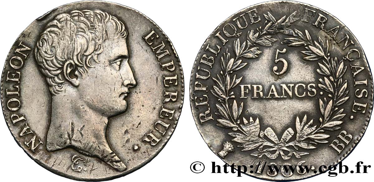 5 francs Napoléon Empereur, Calendrier grégorien 1806 Strasbourg F.304/3 MBC50 