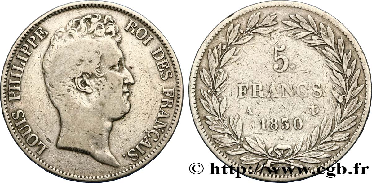 5 francs type Tiolier sans le I, tranche en relief 1830  Paris F.314/1 S20 