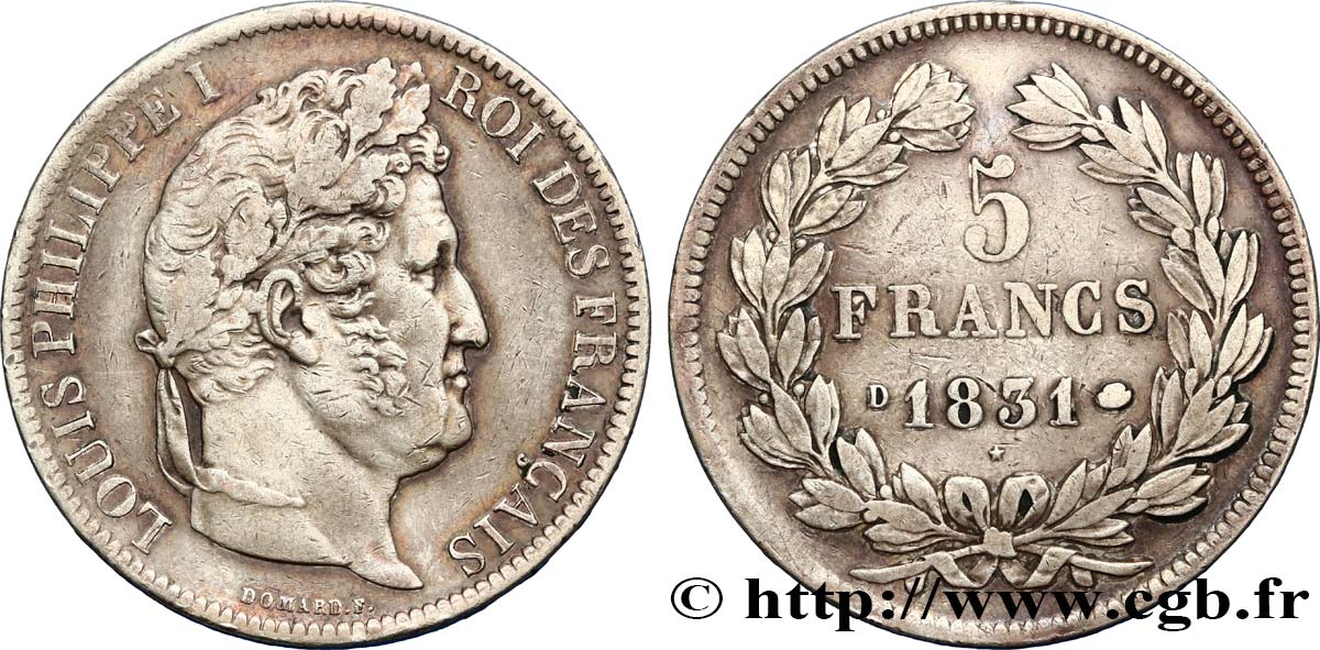 5 francs Ier type Domard, tranche en creux 1831 Lyon F.319/2 S38 