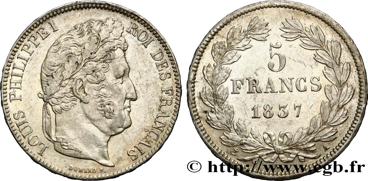 5 francs IIe type Domard 1837 Paris F.324/61 AU52 
