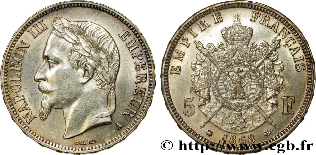 5 francs Napoléon III, tête laurée 1868 Paris F.331/12 EBC60 