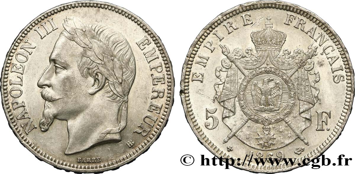 5 francs Napoléon III, tête laurée 1869 Strasbourg F.331/15 EBC55 