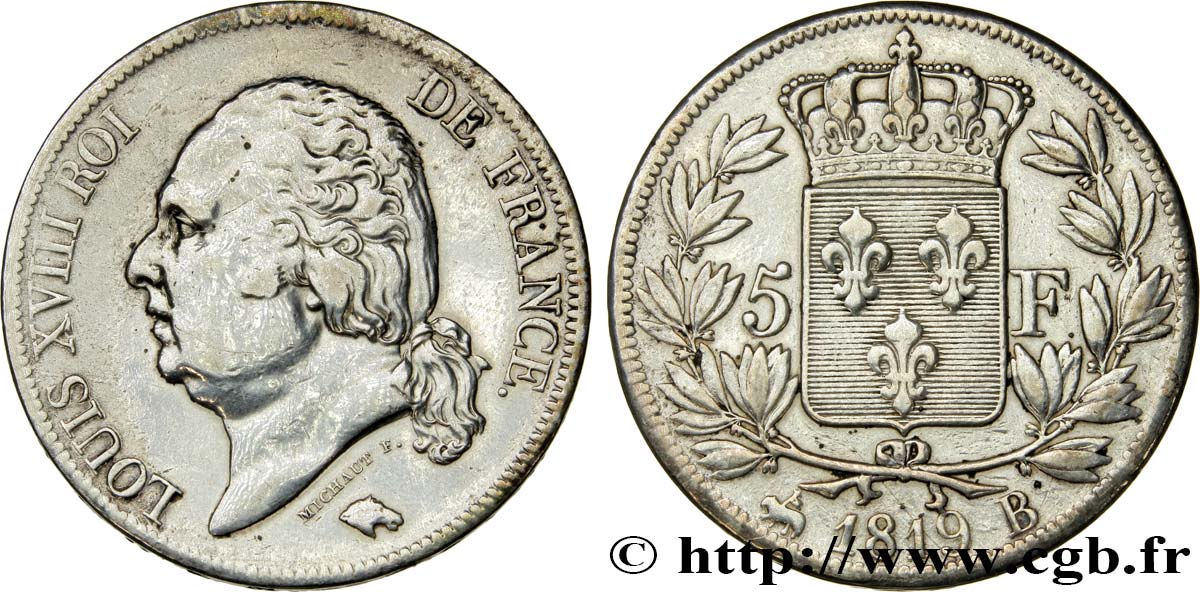 5 francs Louis XVIII, tête nue 1819 Rouen F.309/41 TB+ 