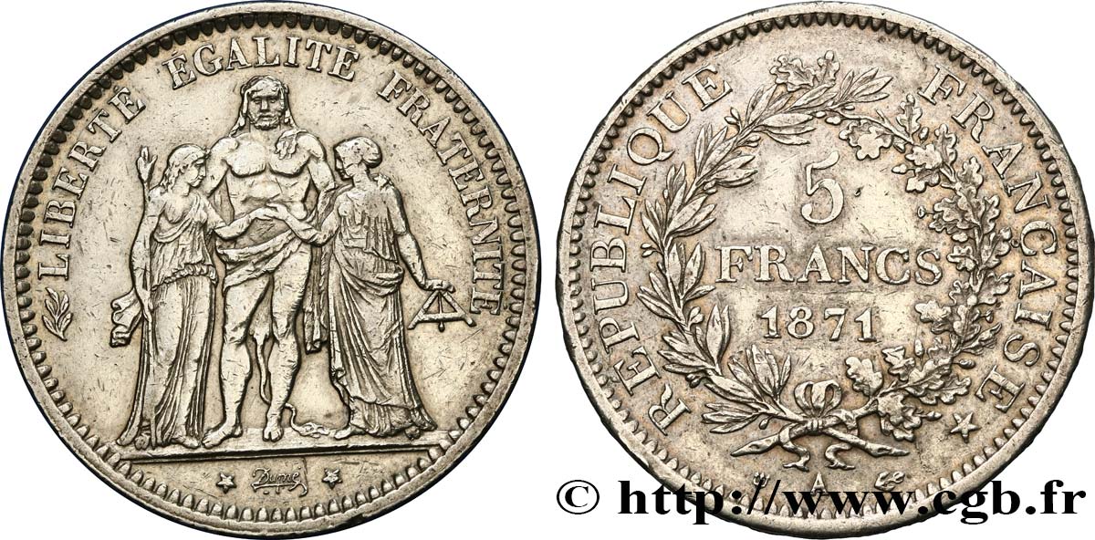 5 francs Hercule, dite “Camélinat” 1871 Paris F.334/3 XF45 