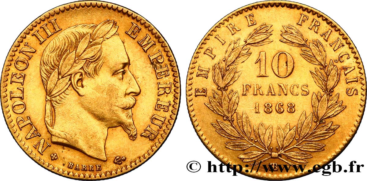 10 francs or Napoléon III, tête laurée 1868 Strasbourg F.507A/18 AU50 