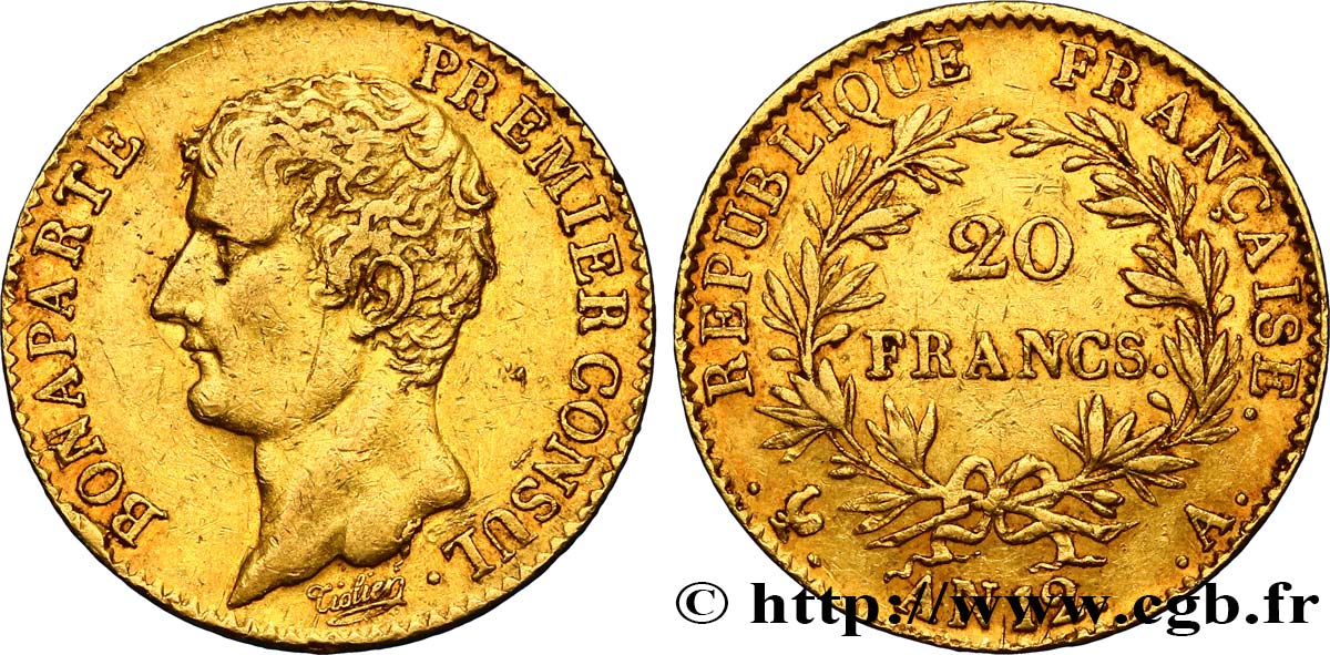 20 francs or Bonaparte Premier Consul 1804 Paris F.510/2 XF40 