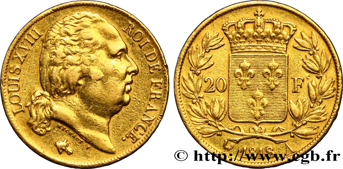 20 francs or Louis XVIII, tête nue 1818 Paris F.519/10 SS 