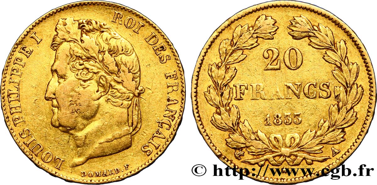 20 francs or Louis-Philippe, Domard 1833 Paris F.527/4 XF40 