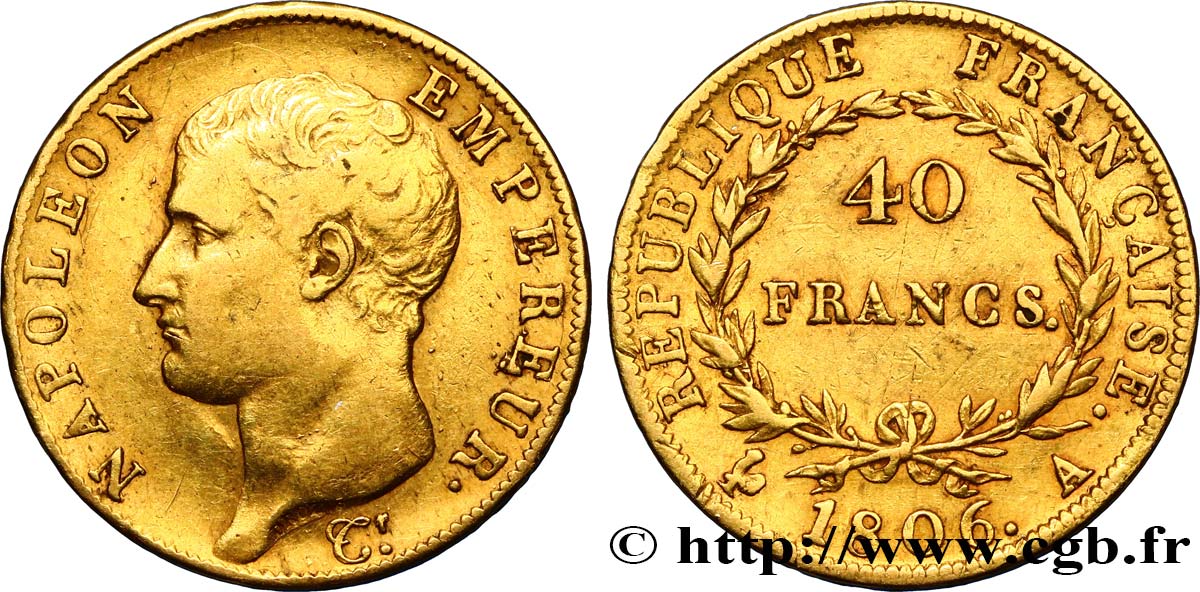 40 francs or Napoléon tête nue, Calendrier grégorien 1806 Paris F.538/1 BB40 