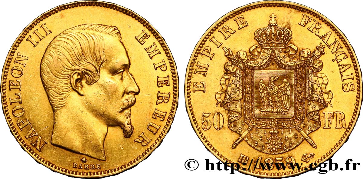 50 francs or Napoléon III, tête nue 1859 Strasbourg F.547/8 MBC50 