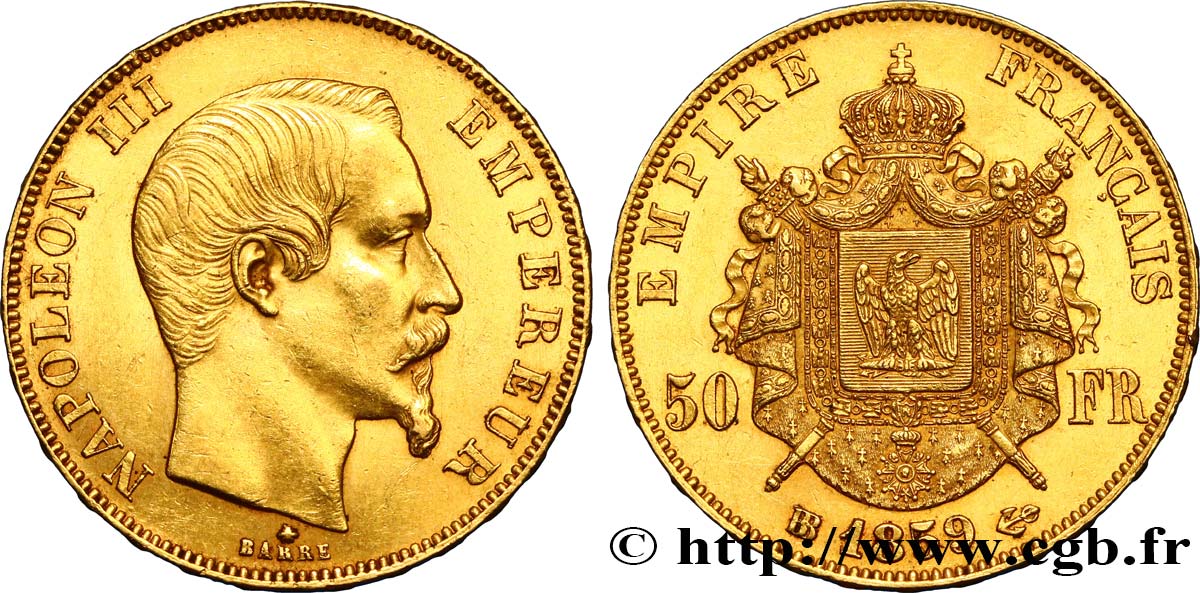 50 francs or Napoléon III, tête nue 1859 Strasbourg F.547/8 AU52 