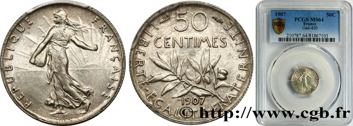 50 centimes Semeuse 1907 Paris F.190/14 SC64 PCGS