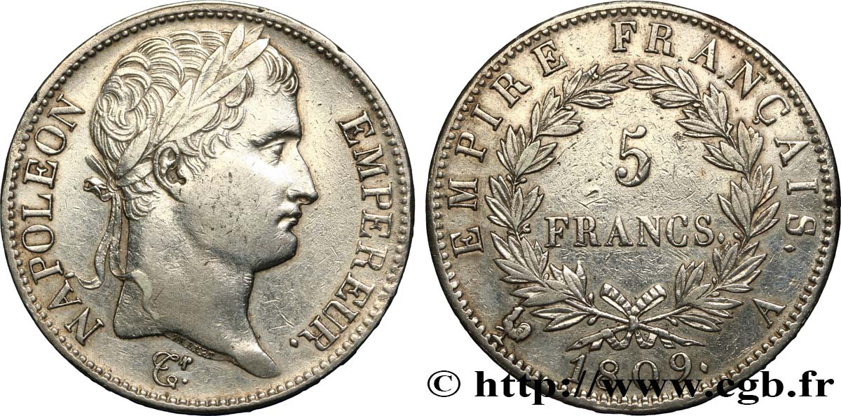 5 francs Napoléon Empereur, Empire français 1809 Paris F.307/1 fVZ 
