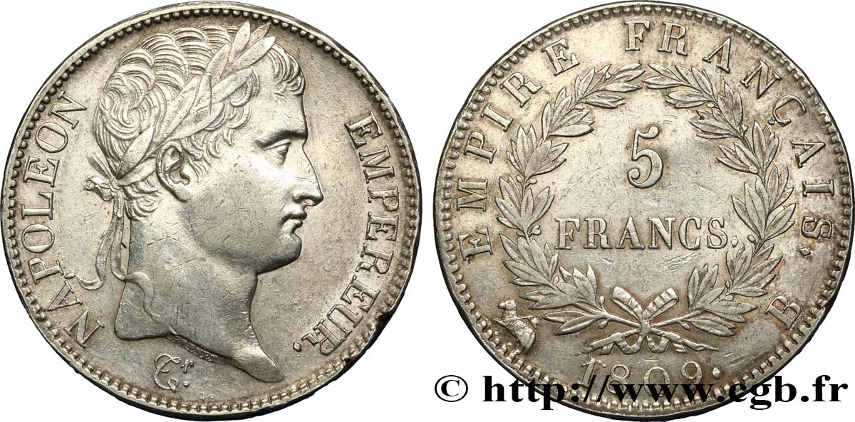 5 francs Napoléon Empereur, Empire français 1809 Rouen F.307/2 TTB48 