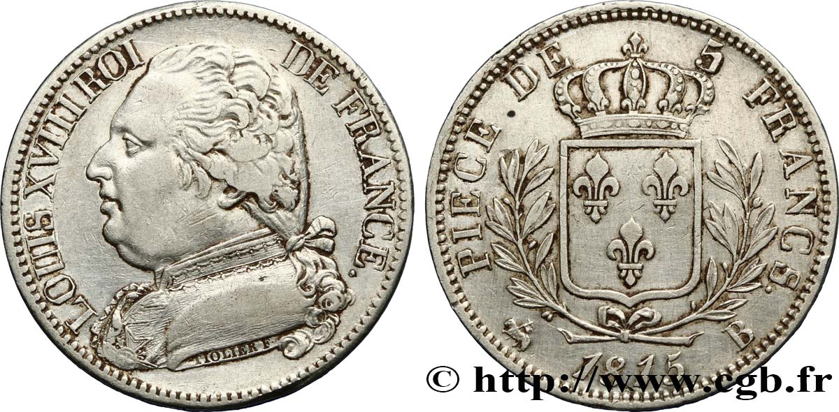 5 francs Louis XVIII, buste habillé 1815 Rouen F.308/16 XF40 