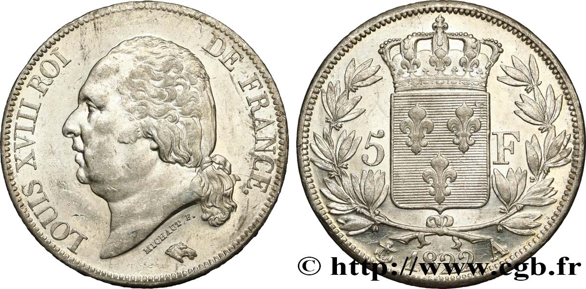 5 francs Louis XVIII, tête nue 1822 Paris F.309/68 VZ58 