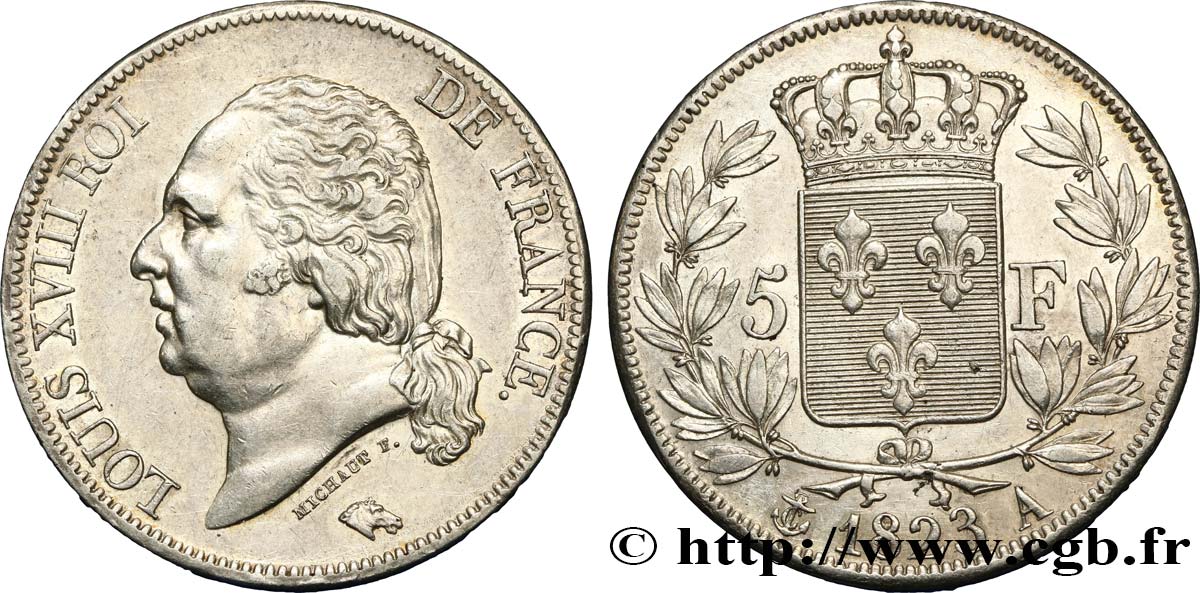 5 francs Louis XVIII, tête nue 1823 Paris F.309/76 TTB52 