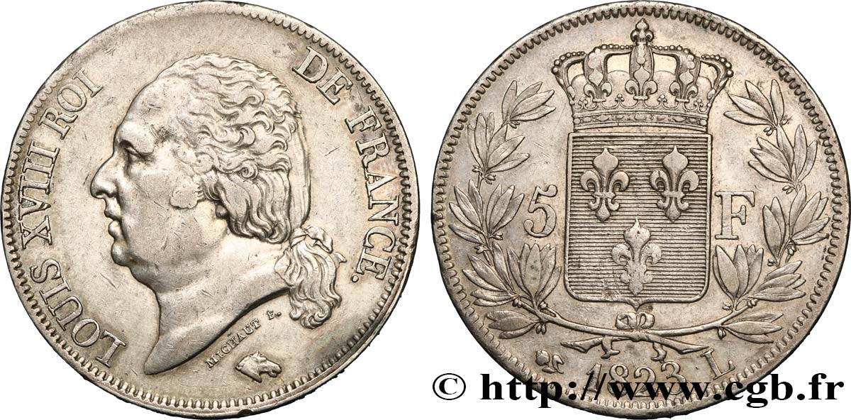 5 francs Louis XVIII, tête nue 1823 Bayonne F.309/83 XF45 