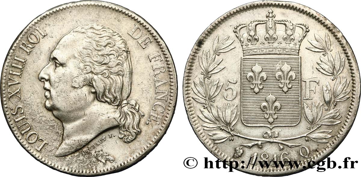 5 francs Louis XVIII, tête nue 1816 Perpignan F.309/11 TTB48 