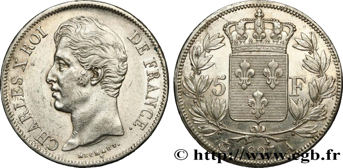 5 francs Charles X, 2e type 1827 Paris F.311/1 AU50 