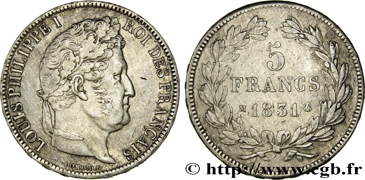 5 francs Ier type Domard, tranche en relief 1831 Toulouse F.320/9 MBC 