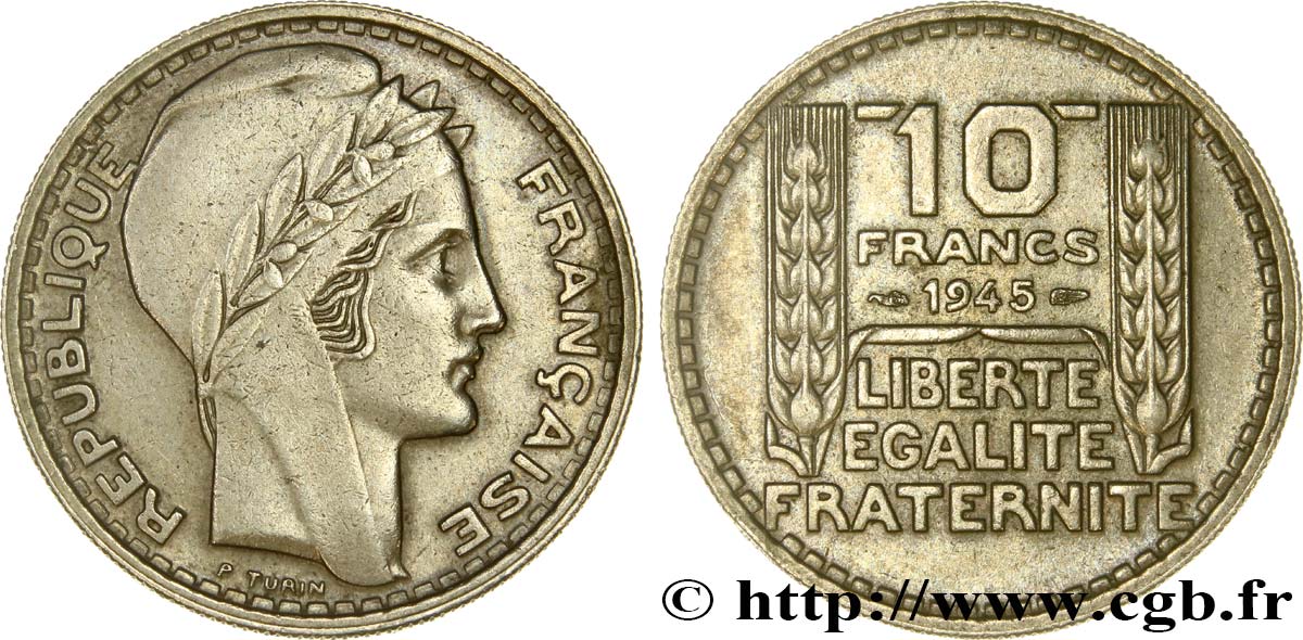 10 francs Turin, grosse tête, rameaux longs 1945  F.361/2 MBC48 