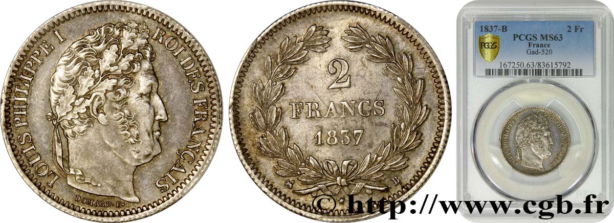 2 francs Louis-Philippe 1837 Rouen F.260/59 SC63 PCGS