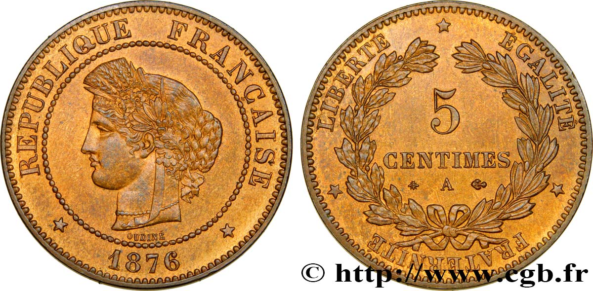 5 centimes Cérès 1876 Paris F.118/13 SPL62 