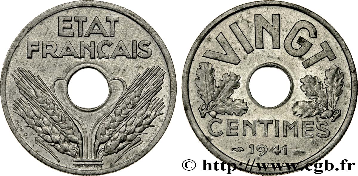 VINGT centimes État français 1941  F.152/2 MS64 