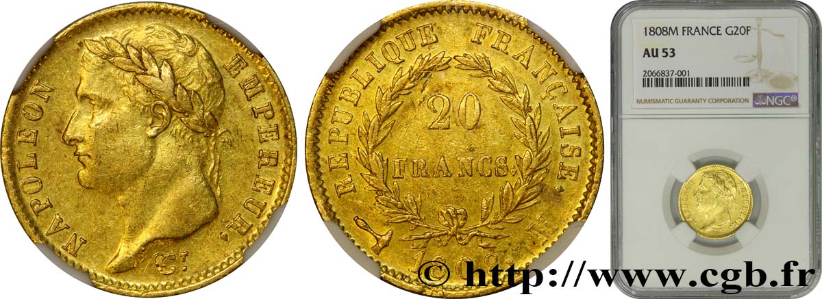 20 francs or Napoléon tête laurée, République française 1808 Toulouse F.515/4 AU53 NGC