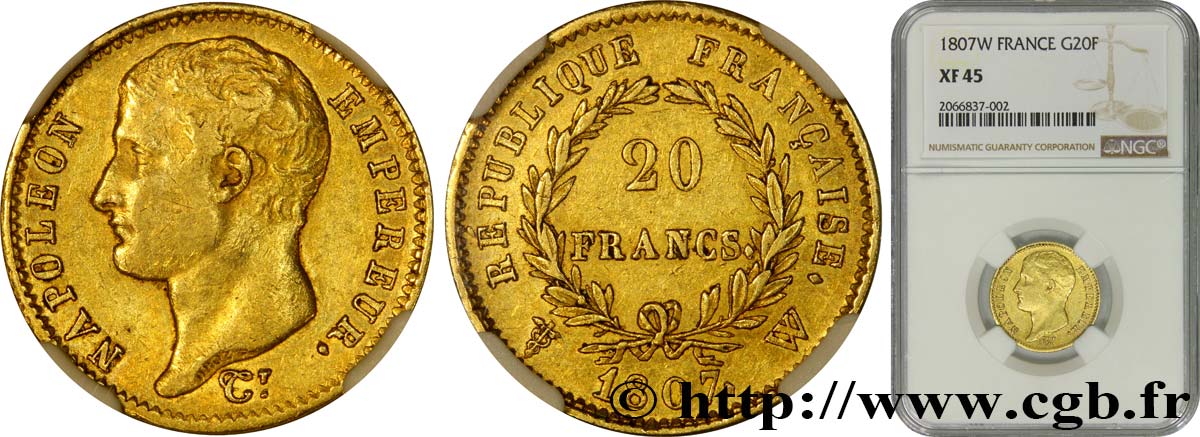 20 francs Napoléon tête nue, type transitoire 1807 Lille F.514/4 XF45 NGC