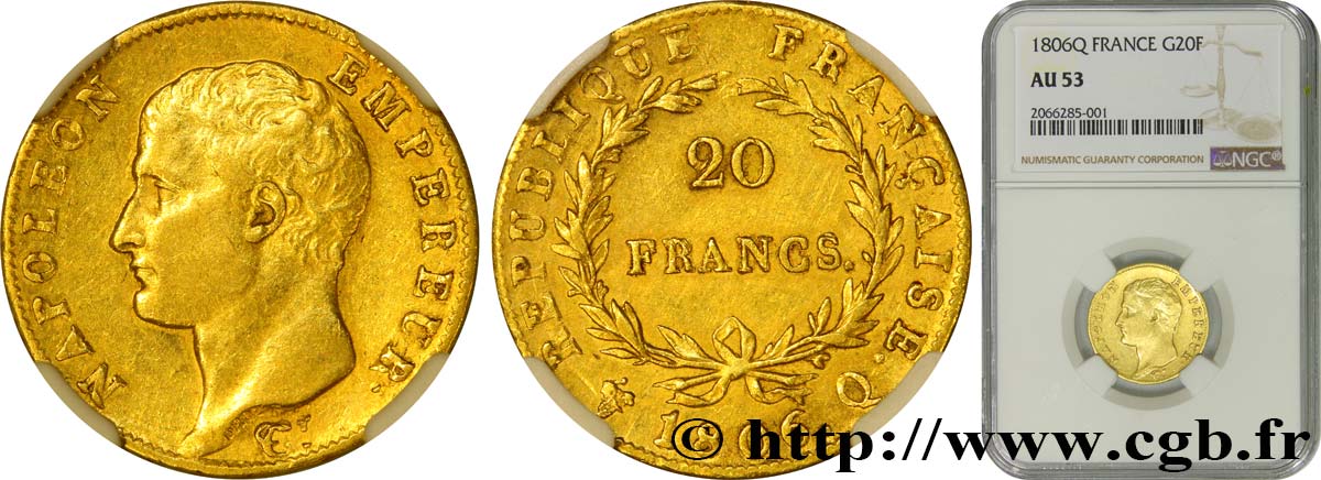 20 francs or Napoléon tête nue, Calendrier grégorien 1806 Perpignan F.513/3 AU53 NGC
