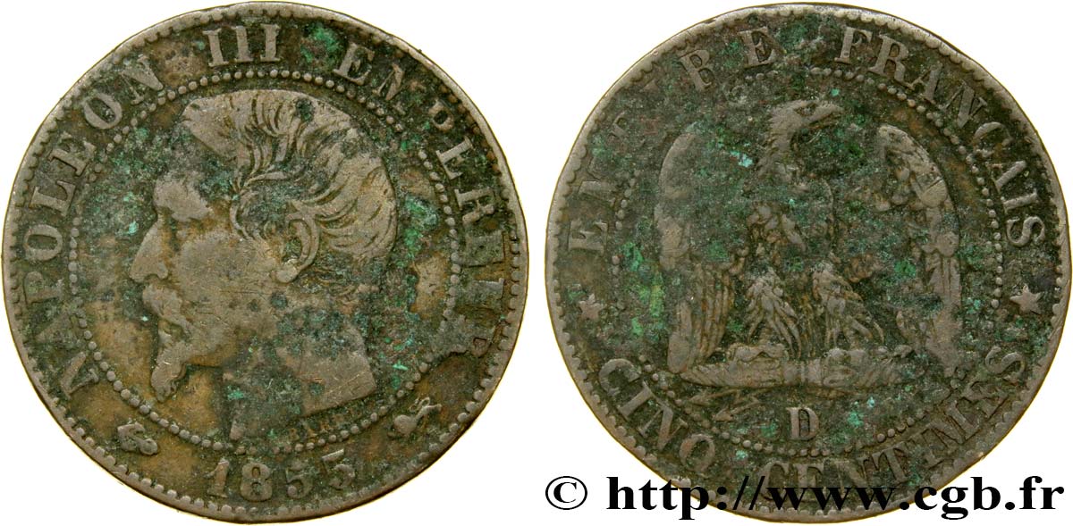 Cinq centimes Napoléon III, tête nue 1855 Lyon F.116/23 B12 