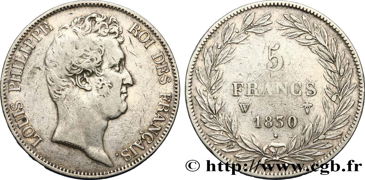 5 francs type Tiolier sans le I, tranche en creux 1830 Lille F.313/4 S25 