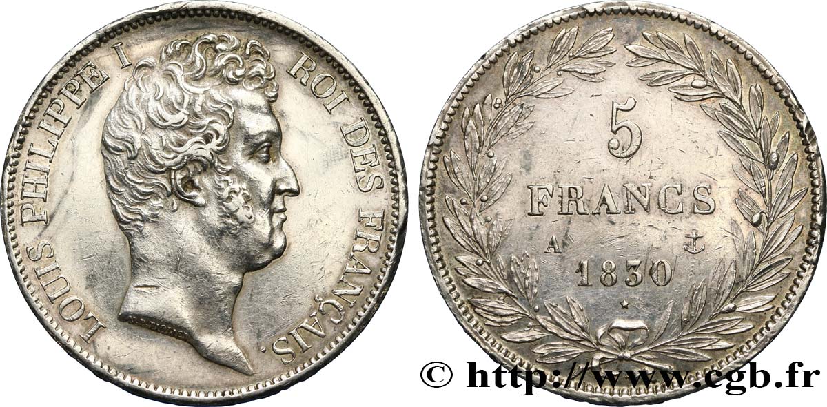 5 francs type Tiolier avec le I, tranche en creux 1830 Paris F.315/1 MBC+ 