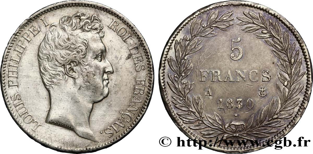 5 francs type Tiolier avec le I, tranche en creux 1830 Paris F.315/1 AU 