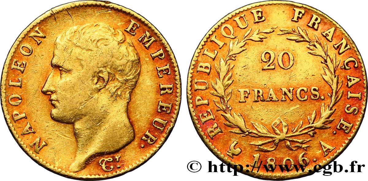 20 francs or Napoléon tête nue, Calendrier grégorien 1806 Paris F.513/1 VF35 