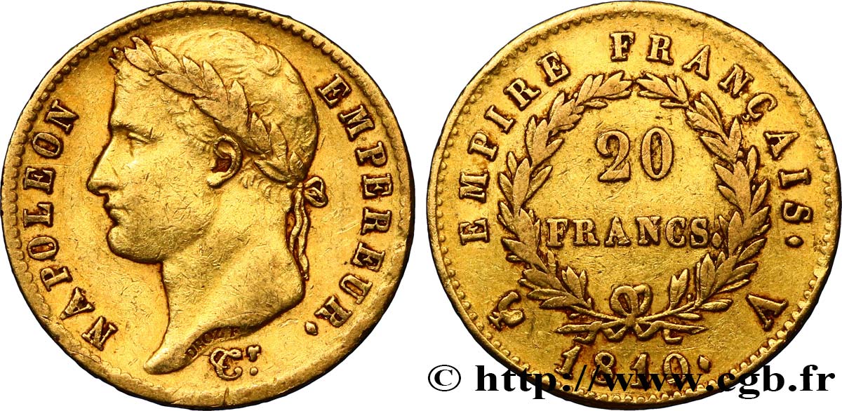 20 francs or Napoléon tête laurée, Empire français 1810 Paris F.516/9 TB35 