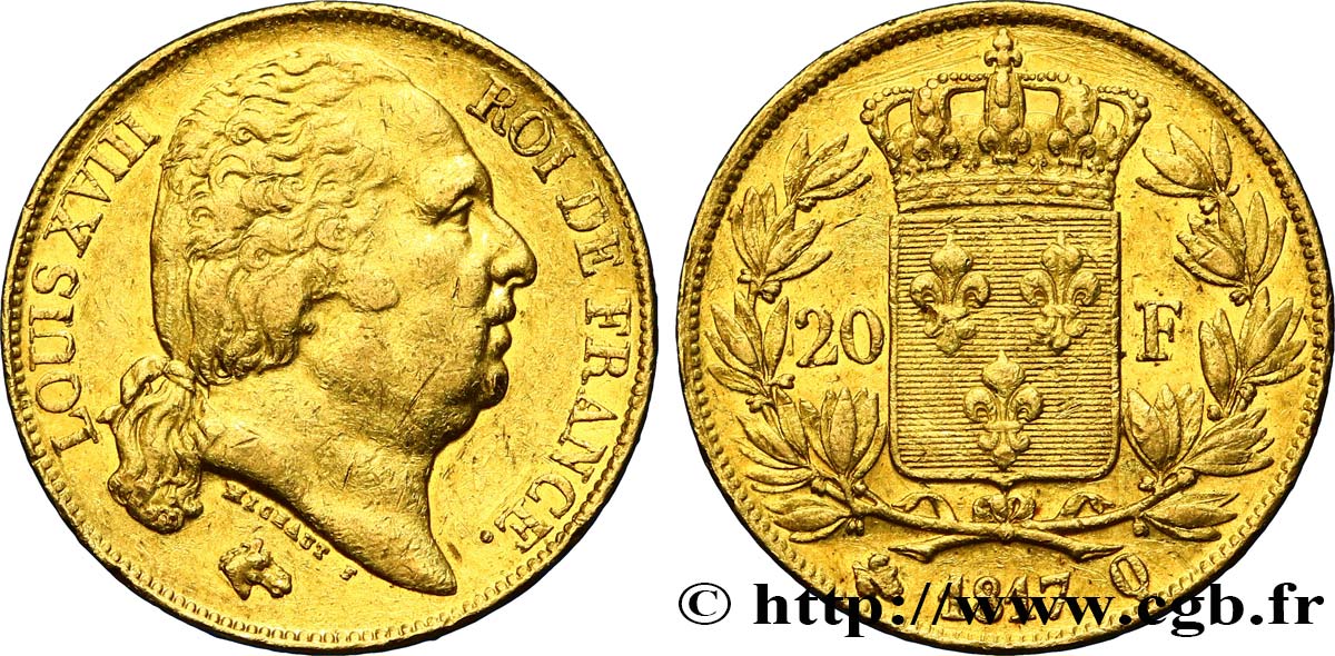20 francs or Louis XVIII, tête nue 1817 Perpignan F.519/8 XF42 