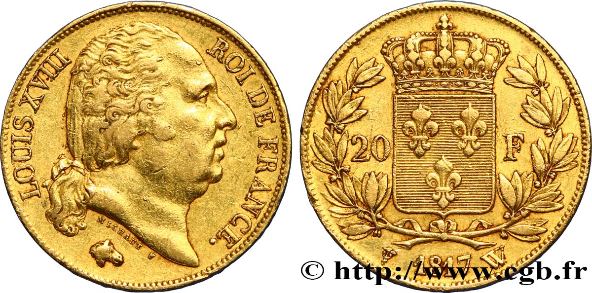 20 francs or Louis XVIII, tête nue 1817 Lille F.519/9 SS40 