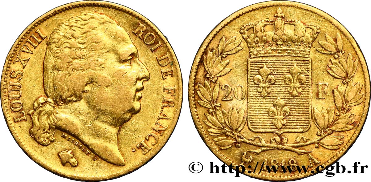 20 francs or Louis XVIII, tête nue 1818 Paris F.519/10 SS40 