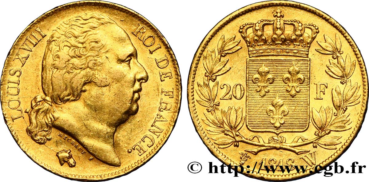 20 francs or Louis XVIII, tête nue 1818 Lille F.519/14 BB52 