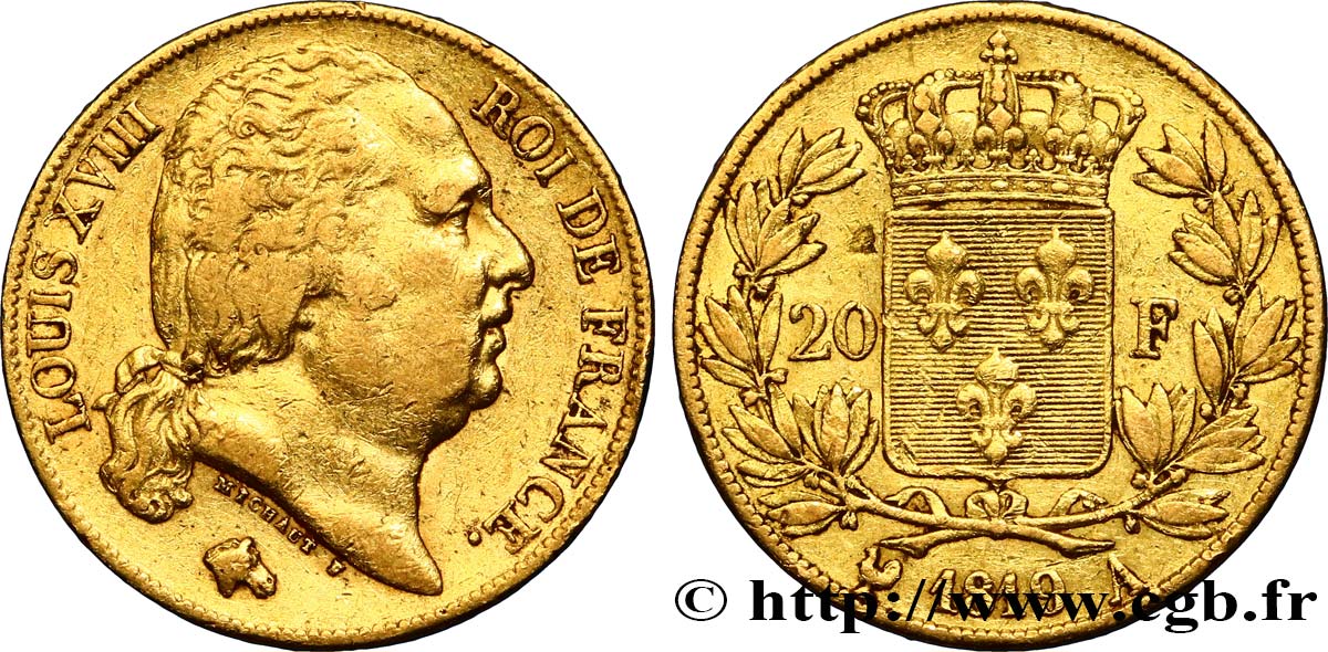 20 francs or Louis XVIII, tête nue 1819 Paris F.519/15 TB35 