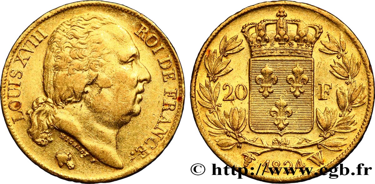 20 francs or Louis XVIII, tête nue 1824 Lille F.519/34 BB48 