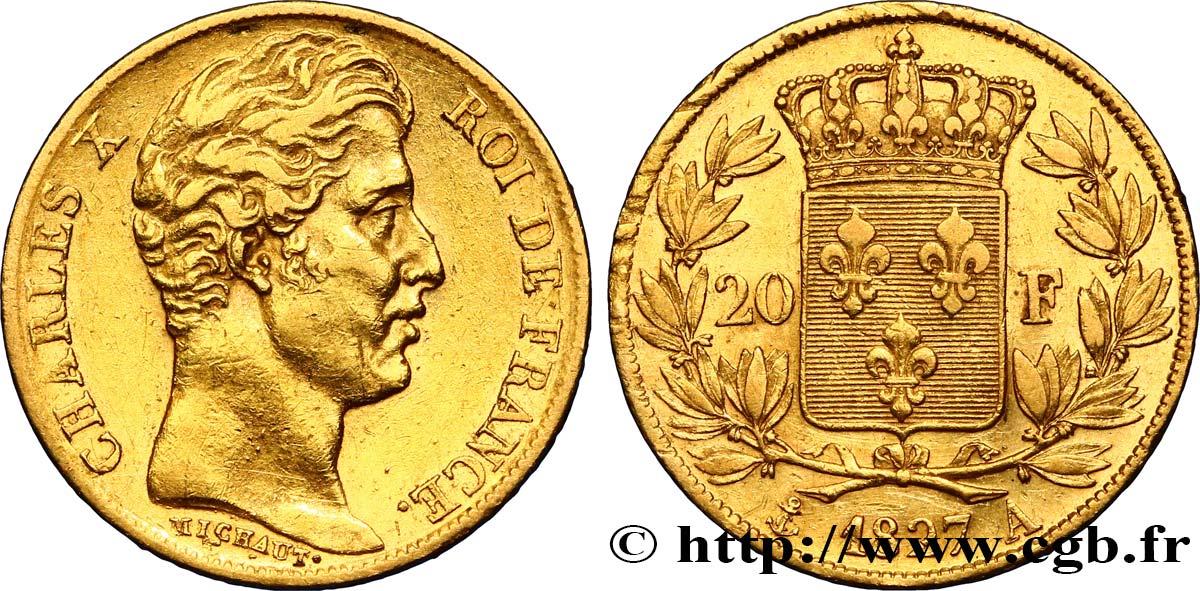 20 francs or Charles X 1827 Paris F.520/6 SS40 
