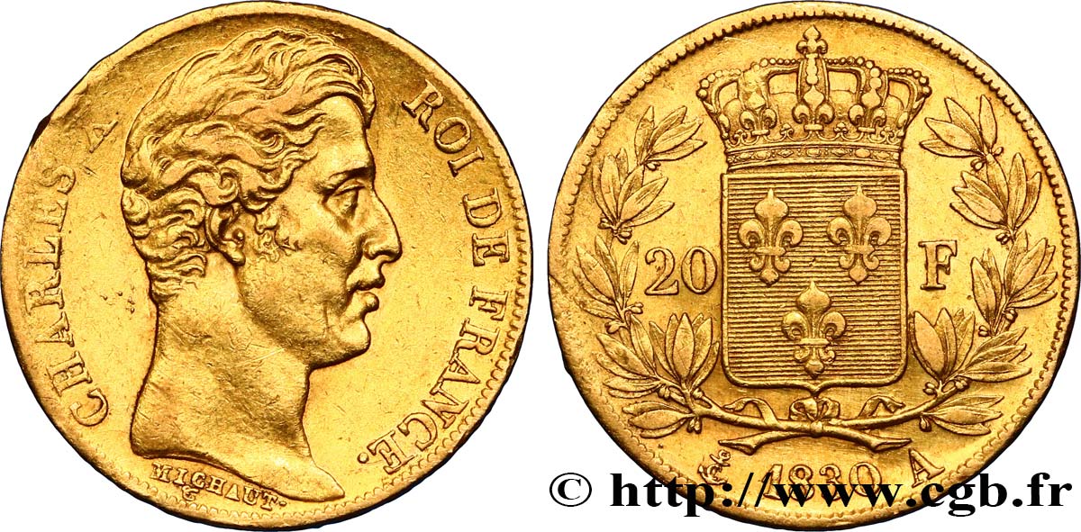 20 francs or Charles X, matrice du revers à cinq feuilles 1830 Paris F.521/6 MBC45 