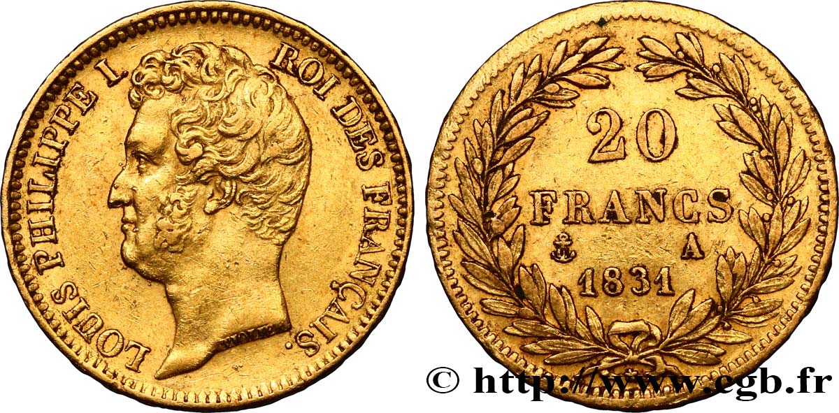 20 francs or Louis-Philippe, Tiolier, tranche inscrite en relief 1831 Paris F.525/2 BB45 