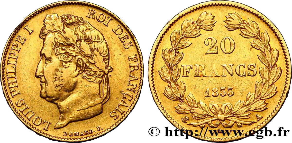 20 francs or Louis-Philippe, Domard 1833 Paris F.527/4 MBC40 